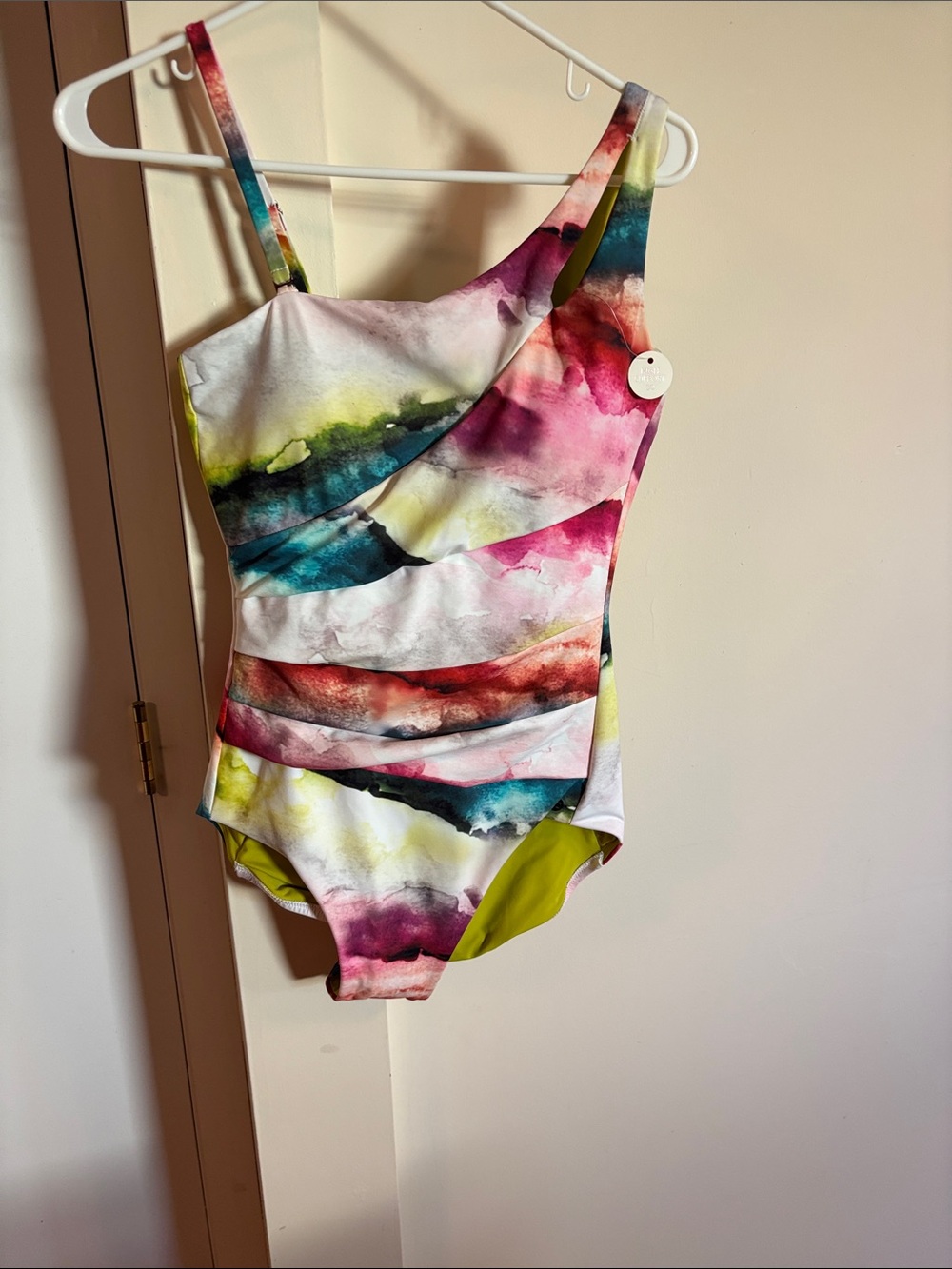 Calia Multicolor Watercolor Stripe One-Shoulder Swimsuit